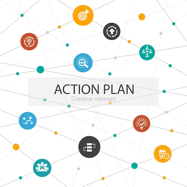 Plantilla web de moda del plan de acción con iconos simples. Contiene elementos tales como mejora, estrategia, implementación, análisis.
