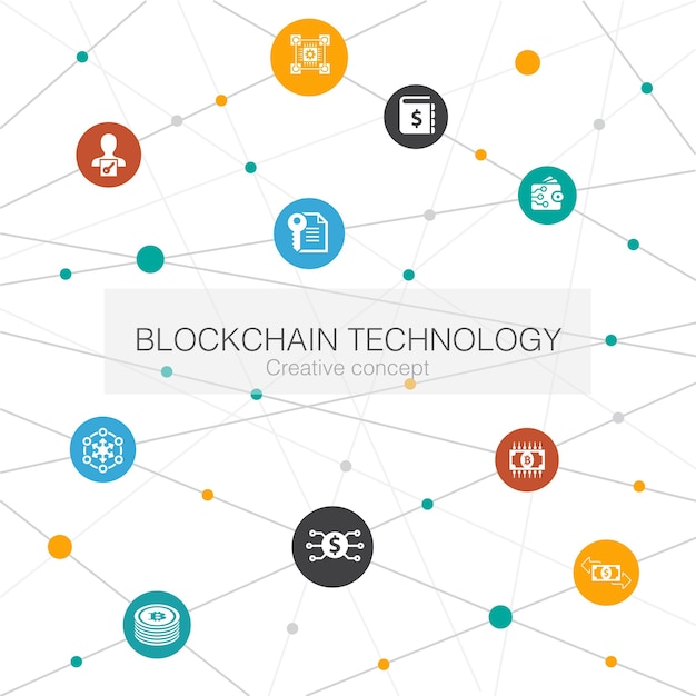 Plantilla web de moda de tecnología Blockchain con iconos simples Contiene elementos tales como iconos de transacción de contrato inteligente de moneda digital de criptomoneda