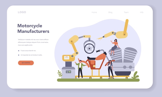 Plantilla web o página de destino de la industria de producción de motocicletas. Pieza del vehículo en la línea de maquinaria con manos robóticas. Ingeniería y fabricación de máquinas, Ilustración plana aislada