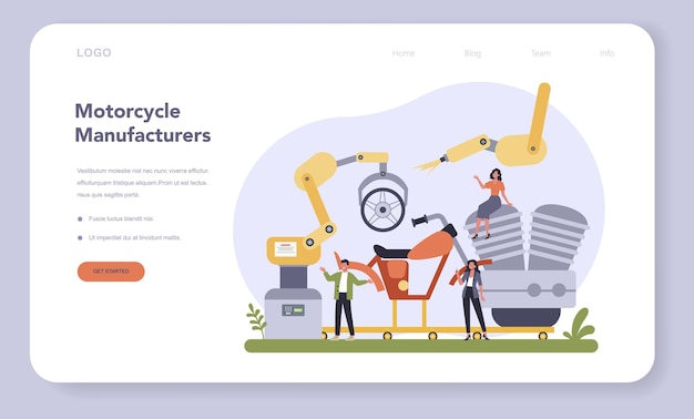 Plantilla web o página de destino de la industria de producción de motocicletas. pieza del vehículo en la línea de maquinaria con manos robóticas. ingeniería y fabricación de máquinas, ilustración plana aislada