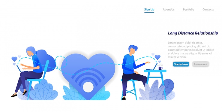 Vector plantilla web de página de aterrizaje. envíe mensajes de amor grandes de chat a través de la comunicación de pareja de larga distancia con una computadora portátil de escritorio
