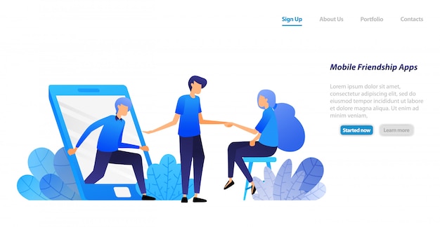 Plantilla web de página de aterrizaje. La gente sale del móvil e invita a reunirse. Amistad, introducción y aplicación de emparejamiento.