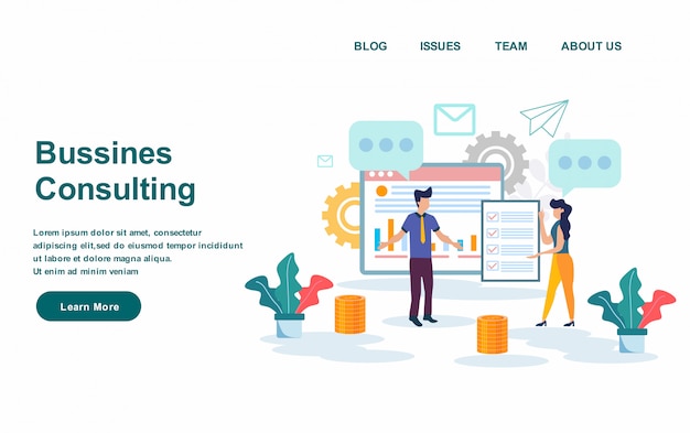 Plantilla web de página de aterrizaje. Ilustración de vector de consultoría de negocios, diseño plano