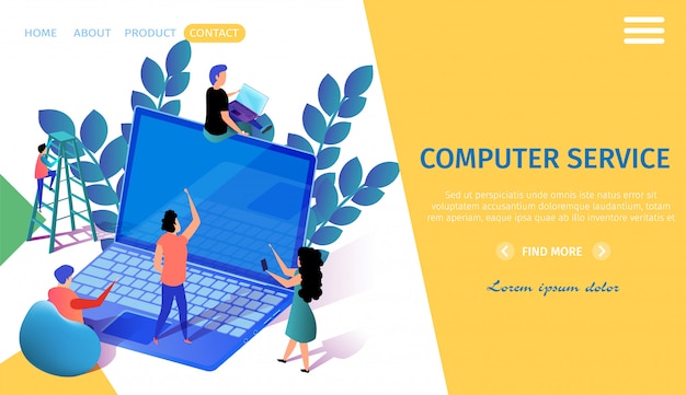Vector plantilla web de la página de aterrizaje con personajes en miniatura que se mueven cerca del portátil grande. equipo.