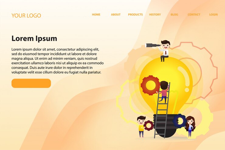 Vector plantilla web de página de aterrizaje con trabajo en equipo para encontrar nuevas ideas, pequeñas personas lanzan un mecanismo