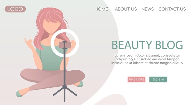 Plantilla web de página de destino de vector para blogs y vlogs. Chica joven de moda haciendo video de belleza o revisión para el canal de vlog. Lámpara y teléfono sobre trípode.