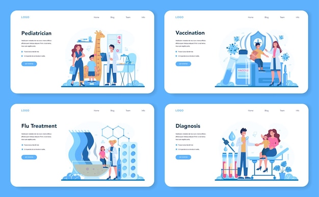 Plantilla web de pediatra o conjunto de página de destino. Médico examina a un niño con estetoscopio. Idea de salud y tratamiento médico para niños. Tratamiento y vacunación contra la influenza.