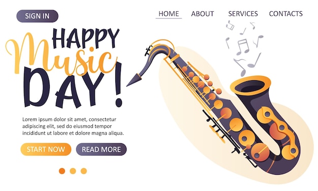 plantilla web vectorial con un saxofón para una celebración de música