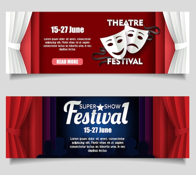 Plantillas de banner de corte de papel de vector de festival de teatro