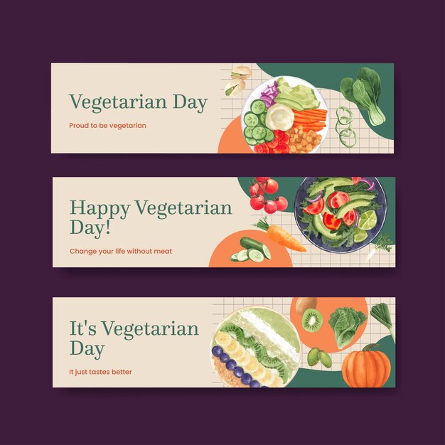 Plantillas de banner para el día mundial del vegetariano en estilo acuarela