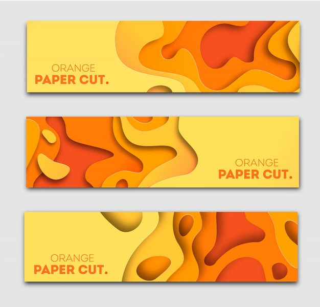 Plantillas de banners con formas de corte de papel naranja. Brillante otoño moderno diseño abstracto. Ilustración.