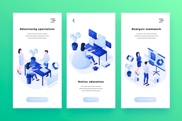 Plantillas de banners web vectoriales con personajes de personas isométricas para sitios web o aplicaciones móviles Ilustración vectorial isométrica 3d Especialistas en publicidad educación y análisis conceptos de trabajo en equipo