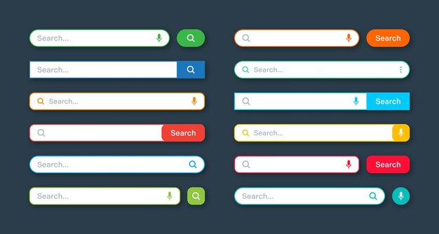 Plantillas de barra de búsqueda coloridas motor de navegador de Internet con barra de direcciones de cuadro de búsqueda y campo de texto ui