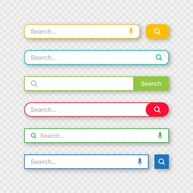 Plantillas de barra de búsqueda coloridas motor de navegador de Internet con barra de direcciones de cuadro de búsqueda y campo de texto ui