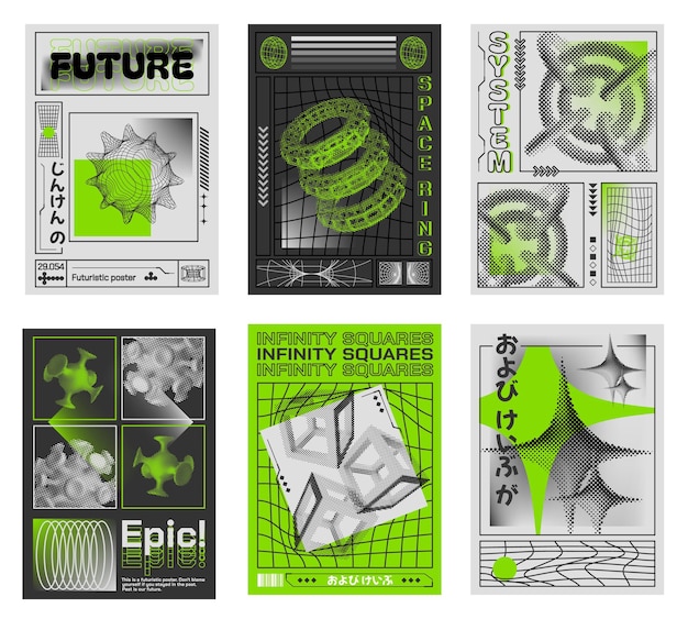 Plantillas de carteles 3D abstractos Diseños futuristas retro con formas 3D de medio tono Estética cyberpunk y conjunto vectorial de tipografía audaz
