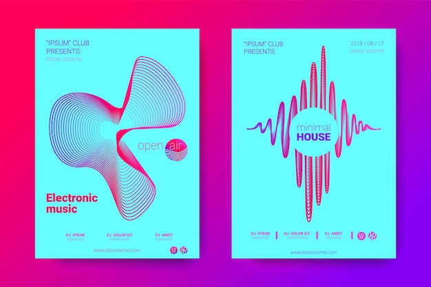 Plantillas de carteles de música electrónica para festivales de sonido house o techno.