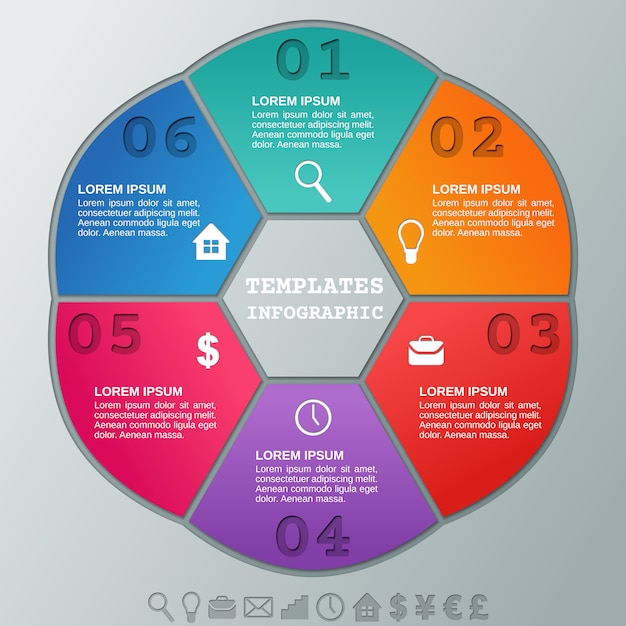 Plantillas circulares de infografía seis pasos.