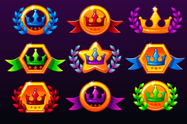 Plantillas de colores coronan iconos para premios, creando iconos para juegos móviles.