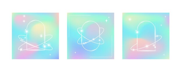 Las plantillas de cubierta de gradiente abstracto estético del Y2K establecen fondos holográficos con elementos lineales y estrellas