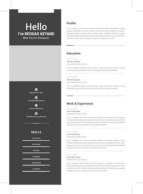 Las plantillas de currículum profesional, la carta de presentación, el diseño de negocios, las solicitudes de empleo.