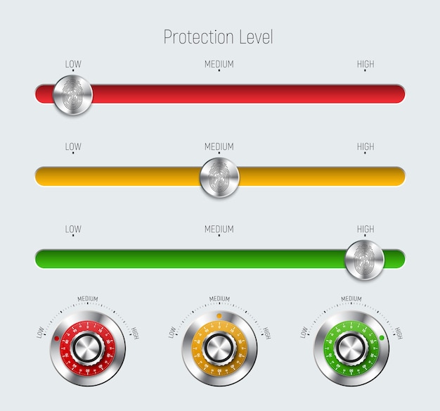 Vector plantillas de deslizadores rojos, amarillos y verdes con un nivel de protección, una huella dactilar y un candado metálico mecánico