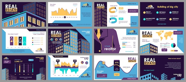 Plantillas de diapositivas de presentación inmobiliaria de elementos infográficos