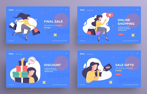 Plantillas de diapositivas de presentación o imágenes de banner de héroe para sitios web o aplicaciones Concepto de compra