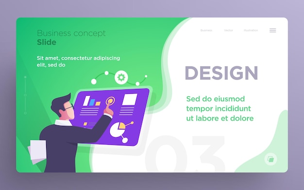 Plantillas de diapositivas de presentación o imágenes de banner de héroe para sitios web o aplicaciones. Ilustraciones de concepto de negocio. Estilo plano moderno. Vector