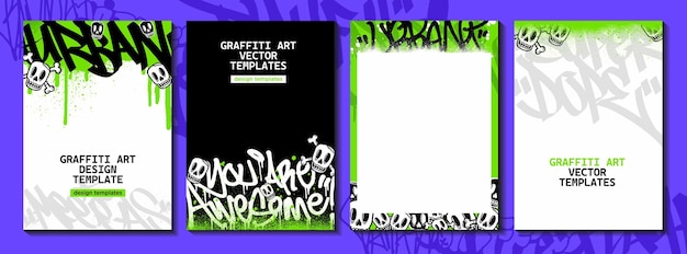 Plantillas de diseño de carteles o volantes de graffiti vectoriales con etiquetas coloridas, garabatos grunge y vómitos