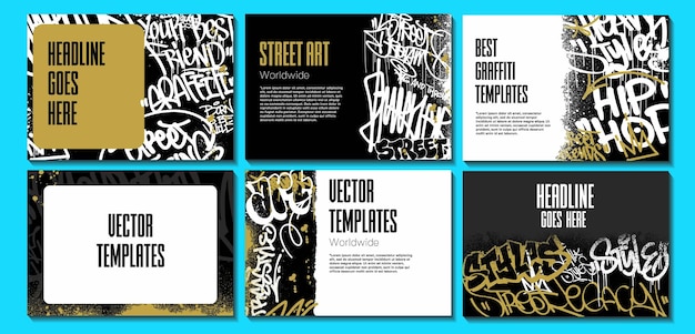 Plantillas de diseño de carteles o volantes de graffiti vectoriales con etiquetas coloridas, garabatos grunge y vómitos