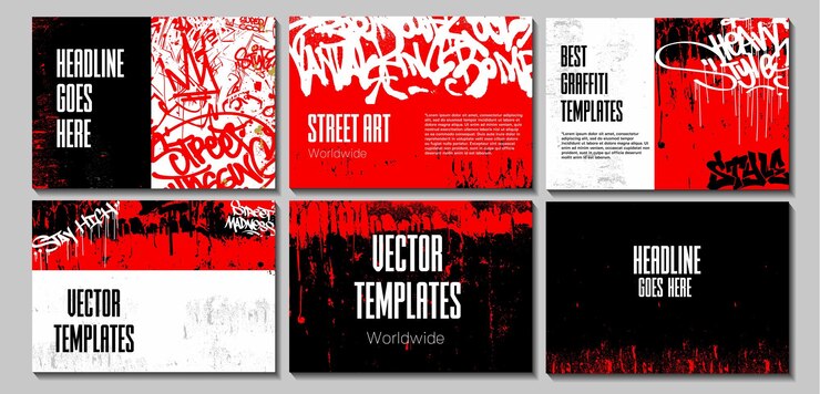 Vector plantillas de diseño de carteles o volantes de graffiti vectoriales con etiquetas coloridas, garabatos grunge y vómitos