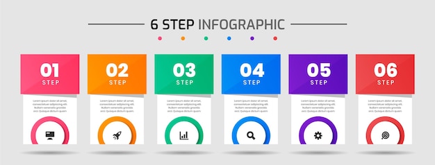 Plantillas de diseño de elementos infográficos con iconos y 6 pasos adecuados para diagramas de flujo de presentaciones