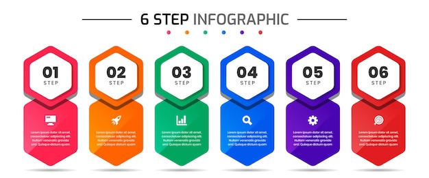 Plantillas de diseño de elementos infográficos con iconos y 6 pasos adecuados para diagramas de flujo de presentaciones