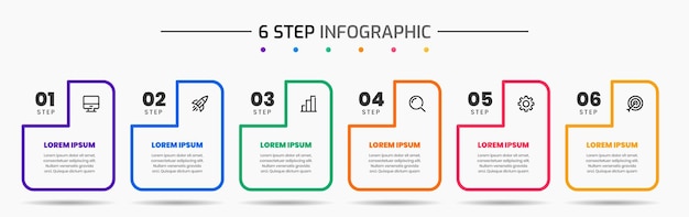 Plantillas de diseño de elementos infográficos con iconos y 6 pasos