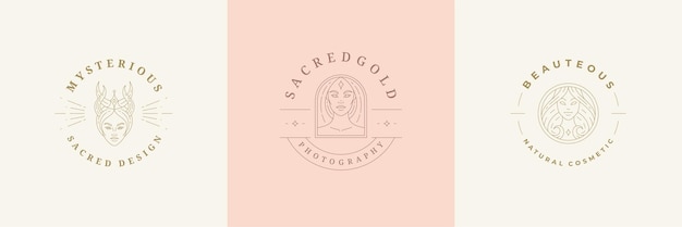 Plantillas de diseño de emblemas de logotipos femeninos con retratos femeninos mágicos ilustraciones vectoriales estilo lineal mínimo. Símbolos de contorno para insignias de peluquería o marca de salón de belleza