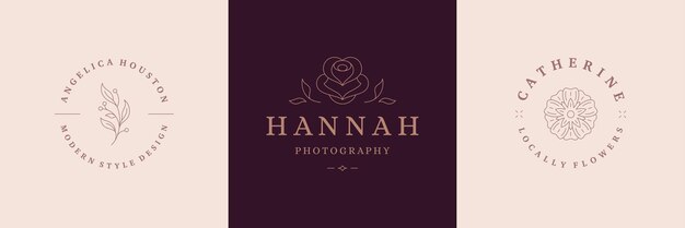 Plantillas de diseño de emblemas de logotipos de flores con plantas botánicas e ilustraciones de vectores de rosas estilo lineal mínimo Símbolos de contorno para cosméticos y embalaje o marca de productos florales