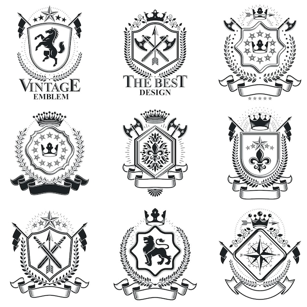 Plantillas de diseño de heráldica vintage, emblemas vectoriales. Colección de símbolos en estilo vintage.