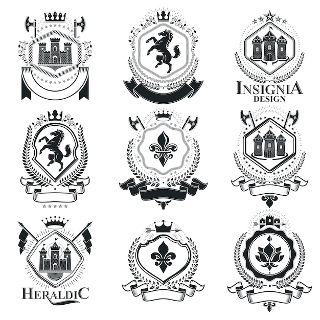 Plantillas de diseño de heráldica vintage, emblemas vectoriales. Colección de símbolos en estilo vintage.