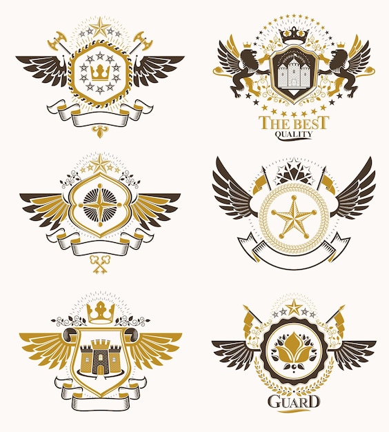 Plantillas de diseño de heráldica vintage, emblemas vectoriales creados con alas de pájaro, coronas, estrellas, armería e ilustraciones de animales. Colección de símbolos de estilo vintage.