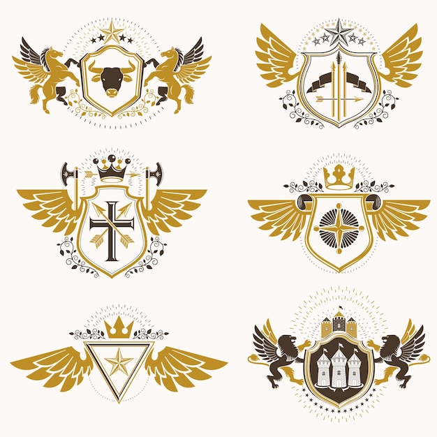 Plantillas de diseño de heráldica vintage, emblemas vectoriales creados con alas de pájaro, coronas, estrellas, armería e ilustraciones de animales. Colección de símbolos de estilo vintage.