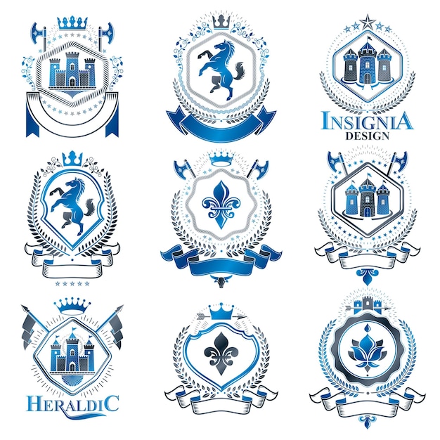 Plantillas de diseño de heráldica vintage, emblemas vectoriales creados con alas de pájaro, coronas, estrellas, armería e ilustraciones de animales. Colección de símbolos de estilo vintage.
