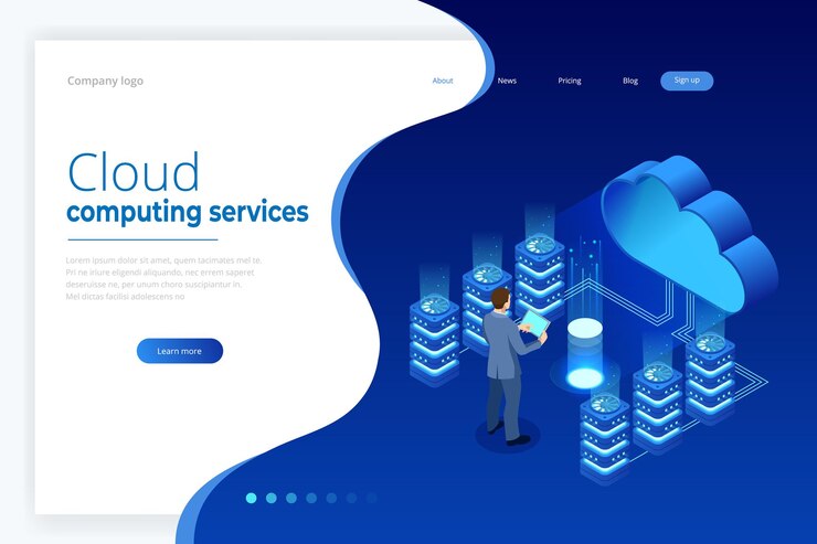Vector plantillas de diseño de páginas web concepto de cloud computing. servicios de nube isométrica. tecnología de internet. servicios en línea. datos, seguridad de la información. ilustración vectorial
