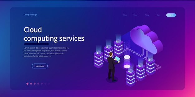 Plantillas de diseño de páginas web Concepto de Cloud Computing. Servicios de nube isométrica. Tecnología de Internet. Servicios en línea. Datos, seguridad de la información. ilustración vectorial