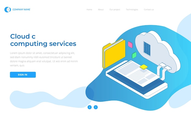 Plantillas de diseño de páginas web Concepto de Cloud Computing. Servicios de nube isométrica. Tecnología de Internet. Servicios en línea. Datos, seguridad de la información. ilustración vectorial