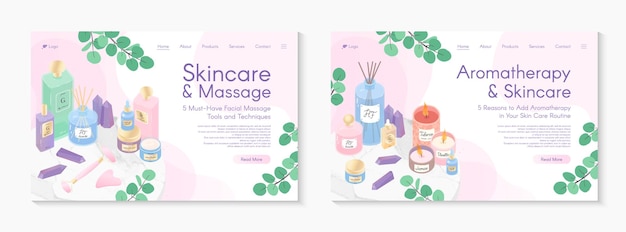 Plantillas de diseño de páginas web para tratamiento de aromaterapia tutoriales de cuidado de la piel masajes de spa bienestar cosméticos cuidado personal concepto de ilustraciones vectoriales para sitios web diseños de páginas de aterrizaje de sitios web móviles