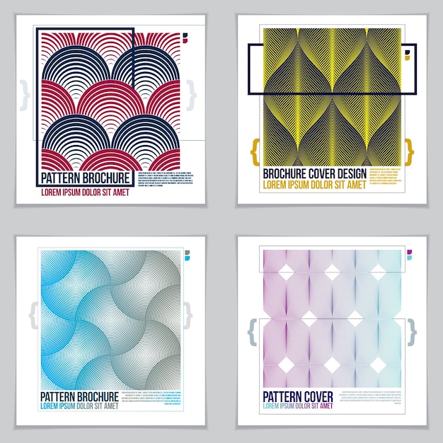 Plantillas de diseño para volantes, folletos, tarjetas de felicitación, invitaciones y publicidades. Patrones de líneas geométricas vector conjunto de arte publicitario abstracto. Diseño de folleto minimalista.