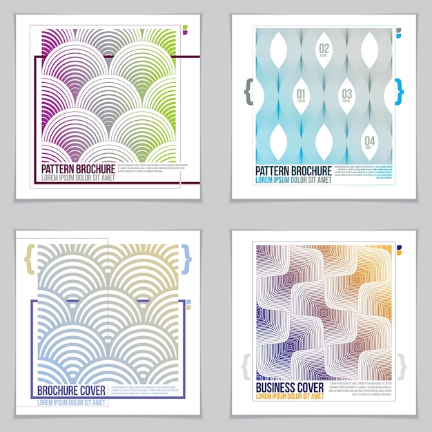 Plantillas de diseño para volantes, folletos, tarjetas de felicitación, invitaciones y publicidades. Patrones de líneas geométricas vector conjunto de arte publicitario abstracto. Diseño de folleto minimalista.