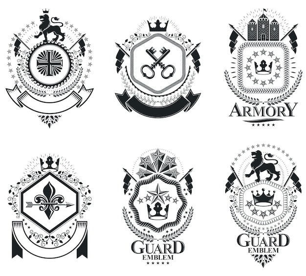Plantillas de emblema de vectores heráldicos de lujo. Blasones vectoriales. Elegante colección de ilustraciones simbólicas de alta calidad.