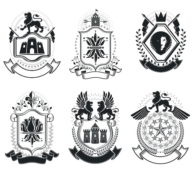 Vector plantillas de emblema de vectores heráldicos de lujo. blasones vectoriales. elegante colección de ilustraciones simbólicas de alta calidad.