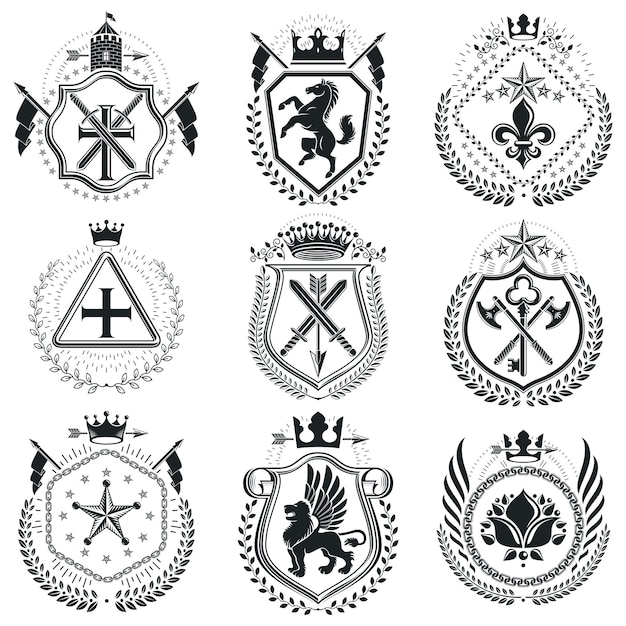 Plantillas de emblema de vectores heráldicos de lujo. Blasones vectoriales. Elegante colección de ilustraciones simbólicas de alta calidad.